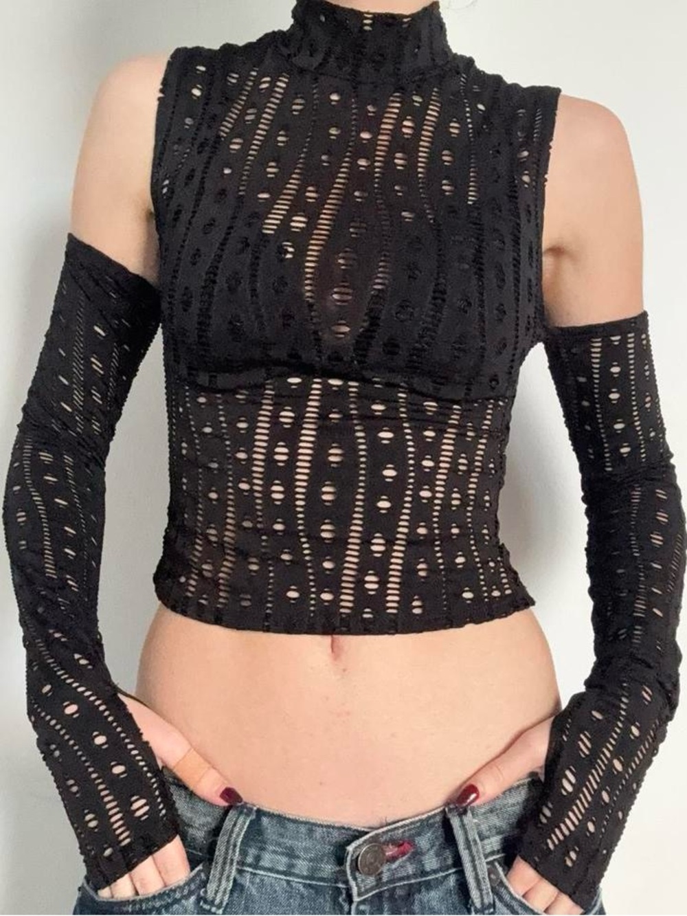 Jaded London Black Cut Out Jersey High Neck Top with Matching Sleeves.